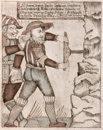De reus Baugi, overgehaald door Odin, boort in de ondergrondse kamer van zijn broer Suttung waar hydromel, de mede van de dichters, verborgen is door Icelandic School